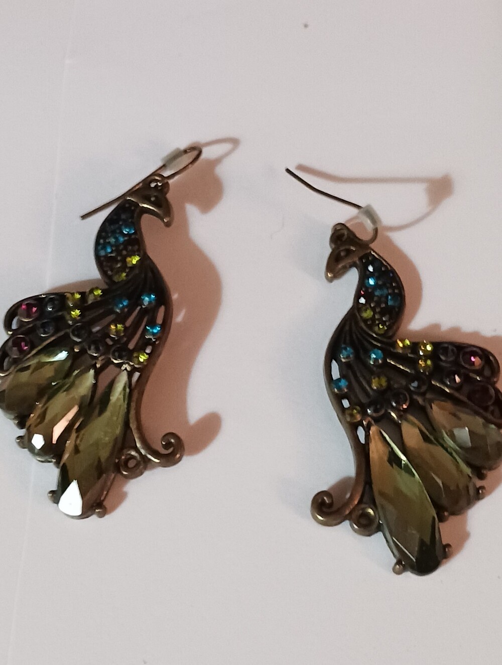 NWOT Brass Peacocks Earrings, Blue And Green Rhinestones, French Hooks